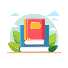 Poster - Colorful books stacked with leaves and clouds flat vector illustration for education and reading concepts