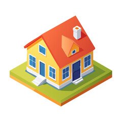 Poster - Isometric style single family yellow house with orange roof, green lawn, and blue doors on a black background