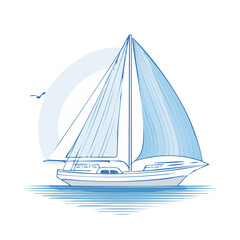 Poster - Sailing Boat Illustration in Blue and White against a Setting Sun and Flying Bird