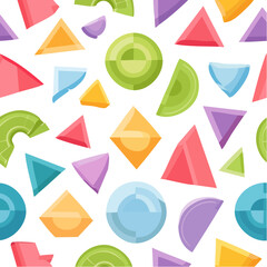 Poster - Colorful Geometric Shapes Seamless Pattern on Black Background, Triangles, Circles and other Shapes