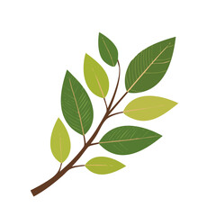 Illustrated Tree Branch with Green Leaves on Black Background, Simple Graphic Design