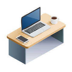 Leinwandbilder - Workspace Illustration with Laptop, Smartphone, and Coffee on Wooden Desk