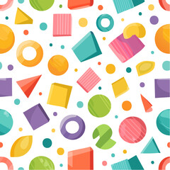 Poster - Colorful geometric shapes pattern on black background with circles, squares, triangles and cylinders.