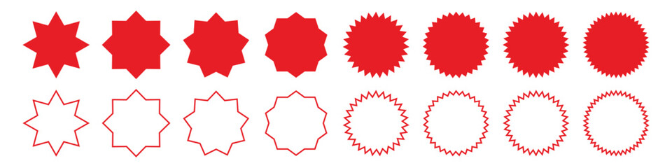 Blank starburst badge sticker label and red starburst set. Sale sticker, price tag, starburst icon, rice sticker, sale sticker, price tag, starburst, quality mark, retro stars, circle sticker set.  
