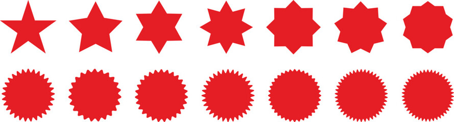 Set of red starburst. Sale sticker, price tag, starburst icon, quality mark, retro stars, circle sticker, red badges. Starburst red shape tags for price tags