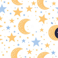 Poster - Seamless starry night pattern with moons and stars on a black background whimsical celestial design for textiles and decorative backgrounds