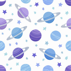 Poster - Seamless Pattern Featuring Cartoon Planets and Stars in Pastel Blue and Purple Hues on a White Background