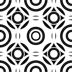 Poster - Abstract geometric pattern featuring white dotted circles and arcs on a black background seamless design