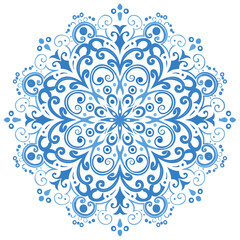 Poster - Blue and White Floral Mandala Ornament on Black Background, Swirls, Curves, Circular Design