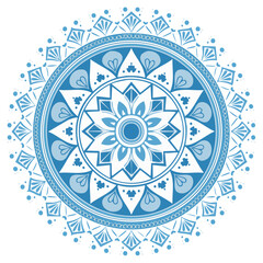 Poster - Intricate Blue and White Mandala Art Design on Black Background - Geometric Floral Pattern