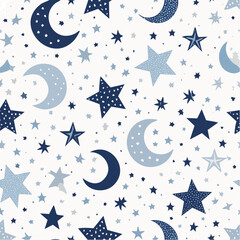 Poster - Dreamy Celestial Pattern Featuring Crescent Moons and Starry Sky in Blue Hues for Festive Decor or Children's Designs