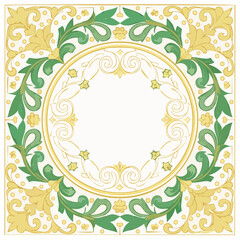 Poster - Floral Ornamented Square Frame With Round Center, Gold Accents and Green Leaves Design Element