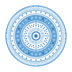 Poster - Delicate blue and white mandala design with intricate details on a black background.