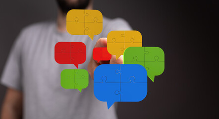 Poster - Visual of puzzle pieces forming speech bubbles, symbolizing teamwork and effective communication.