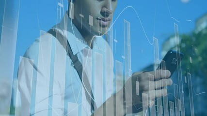Poster - Professional male removing phone and plugging earphones, financial charts fading in for insights