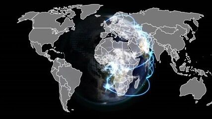Poster - Rotating 3D globe showing map outline launching glowing arcs linking regions to show global network