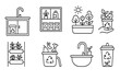 © Александр Михайлюк - Eco-Friendly Kitchen Icons. Line style icons of biophilic design and eco interiors: compost bin under sink, home recycling zone,