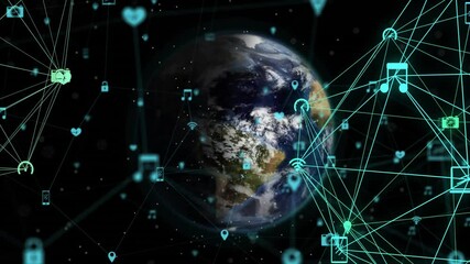Poster - Lattice appearing at edge launching network toward rotating Earth, showing global data flow