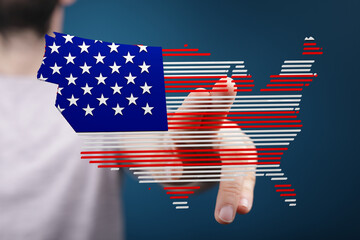 Poster - Person interacts with a digital US map designed with an American flag. Patriotism, technology.