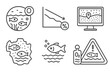 © Sergey - Ecological Disaster Symbols. Line style icons of ecological disasters and response: marine dead zone icon, oxygen depletion chart,