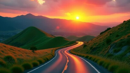 Poster - Winding road leading into the distance with a beautiful sunset in the background.