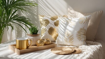 Poster - Cozy interior decor with golden accents and natural elements showcasing a relaxing atmosphere