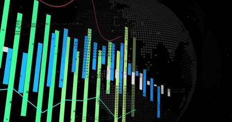 Poster - Bars emerging, globe materializing, lines sweeping, connecting, camera panning showing data trends