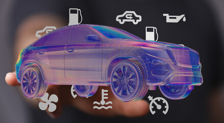 Poster - Digital holographic car with service icons. Perfect for auto repair, maintenance, or car insurance concepts.