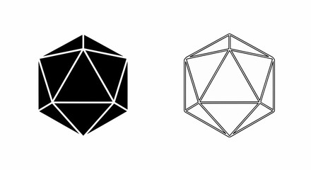 Aufkleber - This high-quality vector image features two 20-sided die (icosahedron) icons: a solid black silhouette and a black outline with a darker top line, all with fine details.
