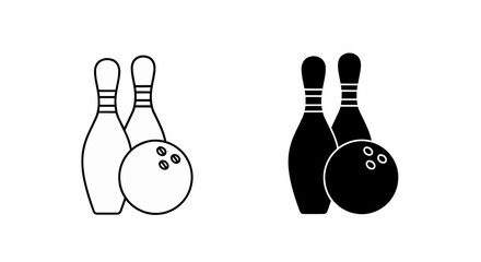 Aufkleber - This high-quality vector image features two minimalist bowling icons: a black outline and a solid black silhouette, both with pins, a ball with finger holes, and fine details.
