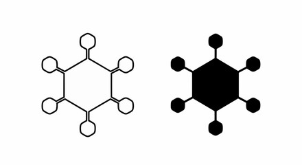 Fototapete - This high-quality vector image features two simple hexagonal icons: a black outline and a solid black silhouette, each with a central hexagon and six smaller connected hexagons.