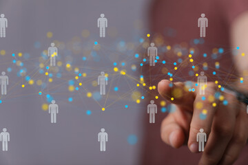 Poster - Image of a hand interacting with a digital network of people, representing global connections and communication.