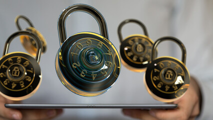 Poster - Cybersecurity concept. Combination locks hovering over a tablet, representing digital data protection.