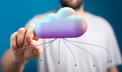 Poster - High-quality image depicting a person interacting with a 3D cloud computing network.