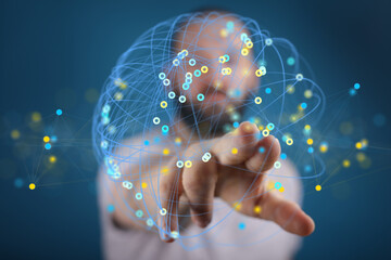 Poster - Abstract image of a man's hand reaching towards a digital network.  Perfect for technology, connection, and global concepts.