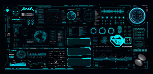 Poster - Interactive Futuristic HUD Panel with holograms UI. Cyberpunk dashboard with futuristic user interface HUD, 3D elements, charts, infographics, diagrams, frames. Sci-fi Dashboard. Vector graphic UI set