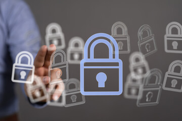 Poster - Image depicts multiple digital locks, symbolizing robust data protection and cybersecurity measures.