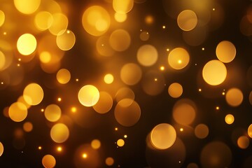 Poster - Golden bokeh lights sparkle on a dark brown background, creating a festive scene. Use as abstract backdrop for holiday designs or celebratory presentations.