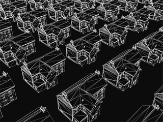 Poster - A black and white 3D model of houses arranged in a grid pattern on a dark background, each with unique architectural details. The clean lines and realistic textures create a striking contrast.