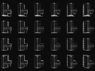 Poster - Black and white architectural drawing of a building with numerous windows, part of a series arranged in a grid pattern. Each structure features a unique design, set against a dark background for a.