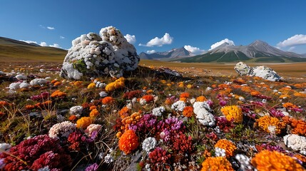 High-altitude plateau with colorful mineral deposits and rare alpine flora against a deep blue sky