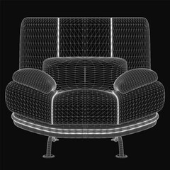 Poster - 3D wireframe chair model with a curved back and armrests, upholstered in neutral fabric, set against a black background for high contrast. The realistic design highlights clean lines and modern.