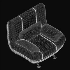 Fototapete - Wireframe chair in 3D model form, showcasing realistic structure and clean lines on a sleek black background. The sofa design features detailed edges and a transparent aesthetic, highlighting its.