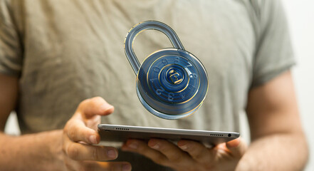 Poster - Protecting online information.  Cybersecurity concept.  Man uses tablet with digital lock.