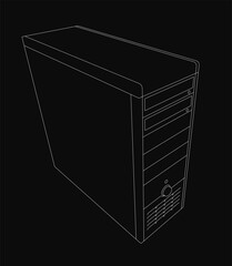 Fototapete - Black and white line drawing of a computer tower with clean, minimalist details. The system unit features sharp outlines and a sleek design, standing out against a solid black background.