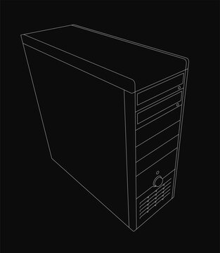 Black and white line drawing of a computer tower with clean, minimalist details. The system unit features sharp outlines and a sleek design, standing out against a solid black background.