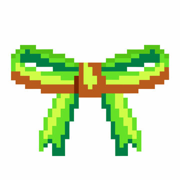 Retro green gift bow, pixel art vintage ribbon decoration design nostalgic video game festive element, isolated icon