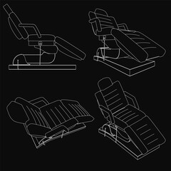 Poster - Four folding massage chairs in line art style, each with unique design, arranged on a black background. Colors range from light to dark, highlighting intricate details.