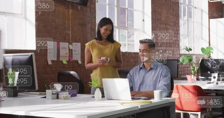 Poster - Man typing keys pointing while woman holding mug approaching causing floating social media metrics
