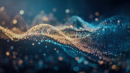 Poster - Abstract digital particle wave in glowing blue and golden gradient shades